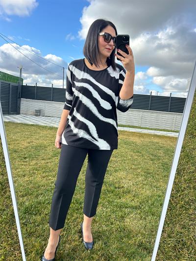 Kadın büyük beden modern baskılı bisiklet yaka 3/4 kol örme bluz-bgb87 - Charamela