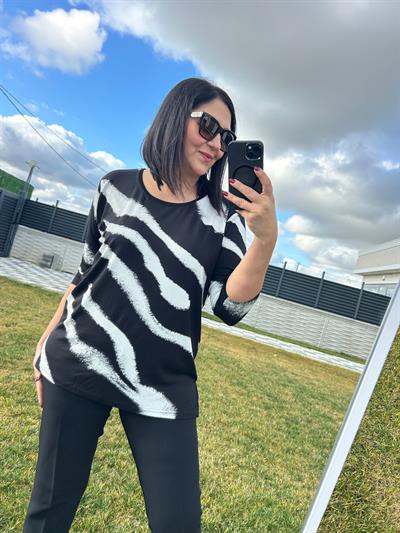 Kadın büyük beden modern baskılı bisiklet yaka 3/4 kol örme bluz-bgb87 - Charamela