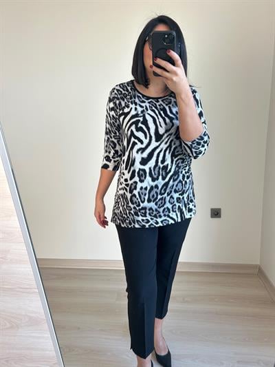 Kadın büyük beden modern baskılı bisiklet yaka 3/4 kol örme bluz-bgb88 - Charamela