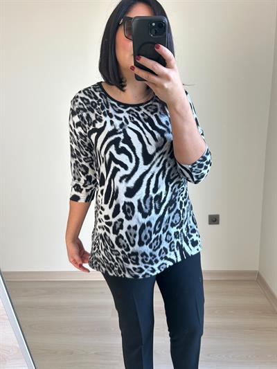 Kadın büyük beden modern baskılı bisiklet yaka 3/4 kol örme bluz-bgb88 - Charamela