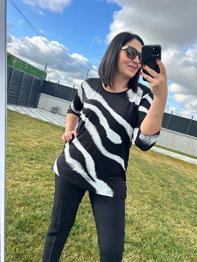 Kadın büyük beden modern baskılı bisiklet yaka 3/4 kol örme bluz-bgb87 - Charamela