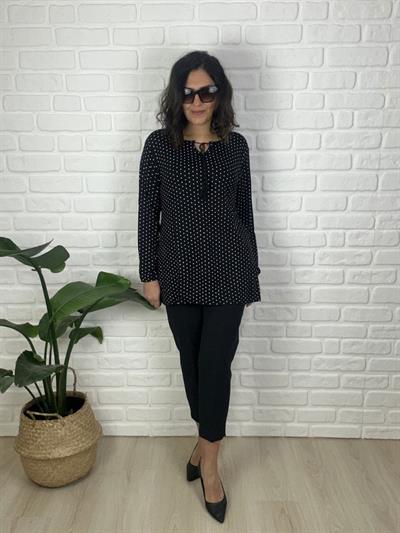 Kadın büyük beden siyah - beyaz puantiye baskı detaylı viskon kumaş örme bluz-bgb103 - Charamela