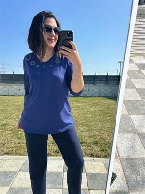 Kadın büyük beden taş detaylı mavi bluz-bgb124 - Charamela