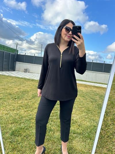 Kadın büyük beden triko görünümlü örme fermuar detaylı bluz-bgb99 - Charamela