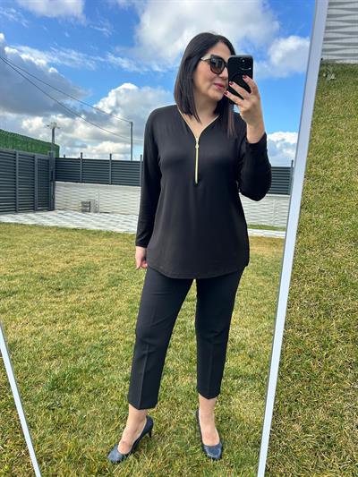 Kadın büyük beden triko görünümlü örme fermuar detaylı bluz-bgb99 - Charamela