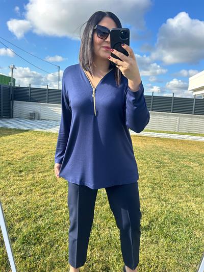 Kadın büyük beden triko görünümlü örme fermuar detaylı bluz-bgb101 - Charamela