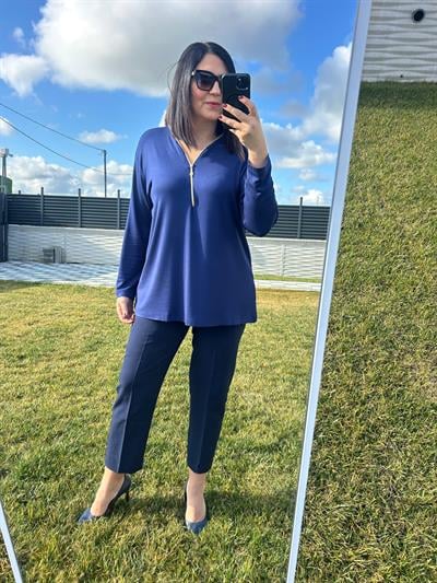 Kadın büyük beden triko görünümlü örme fermuar detaylı bluz-bgb101 - Charamela