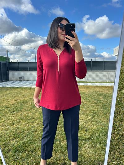 Kadın büyük beden triko görünümlü örme fermuar detaylı bluz-bgb100 - Charamela