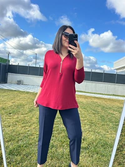 Kadın büyük beden triko görünümlü örme fermuar detaylı bluz-bgb100 - Charamela