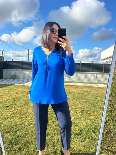 Kadın büyük beden triko görünümlü örme fermuar detaylı bluz-bgb102 - Charamela