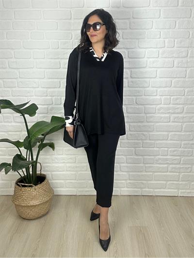 Kadın büyük beden v yaka siyah viskon kumaş örme bluz-bgb98 - Charamela