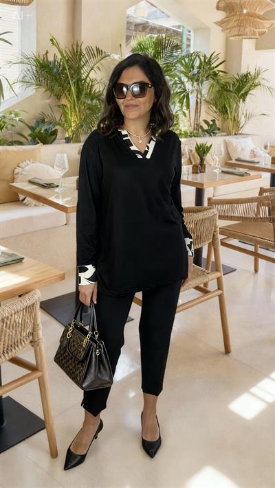 Kadın büyük beden v yaka siyah viskon kumaş örme bluz-bgb98 - Charamela