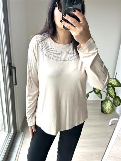 Kadın büyük beden yakası ve kolları taş detaylı bluz -bgb60 - Charamela
