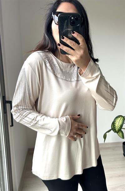 Kadın büyük beden yakası ve kolları taş detaylı bluz -bgb60 - Charamela