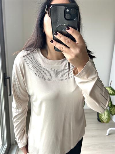 Kadın büyük beden yakası ve kolları taş detaylı bluz -bgb60 - Charamela