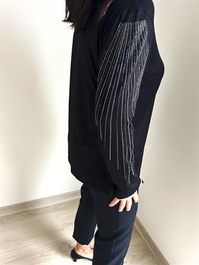 Kadın büyük beden yakası ve kolları taş detaylı bluz -bgb61 - Charamela