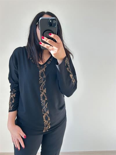 Kadın büyük beden yarasa kol triko görünümlü örme taş detaylı bluz-bgb82 - Charamela