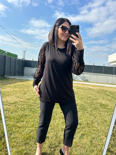 Kadın büyük beden zebra desenden tül kol detaylı bluz-bgb115 - Charamela