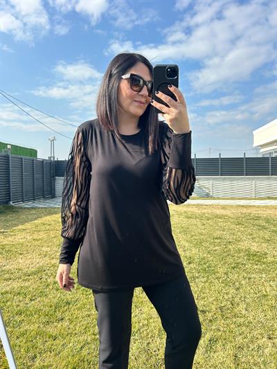 Kadın büyük beden zebra desenden tül kol detaylı bluz-bgb115 - Charamela