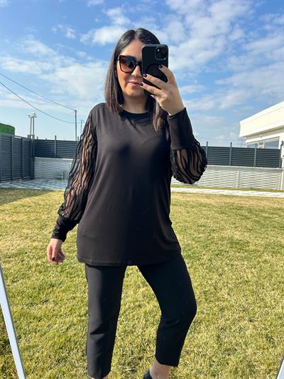 Kadın büyük beden zebra desenden tül kol detaylı bluz-bgb115 - Charamela