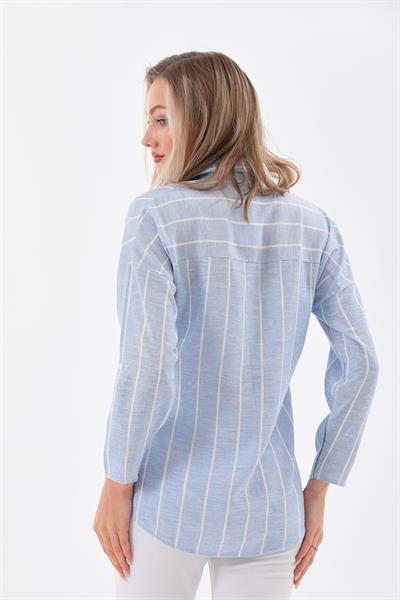 Kadin keten çi̇zgi̇li̇ gömlek - Charamela