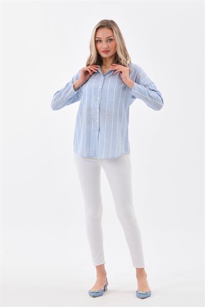 Kadin keten çi̇zgi̇li̇ gömlek - Charamela