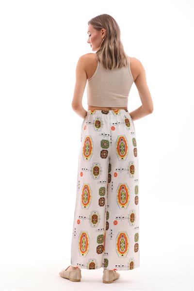 Kadın keten karışımlı beli lastikli beyaz turuncu yeşil desenli palazzo pantolon - Charamela