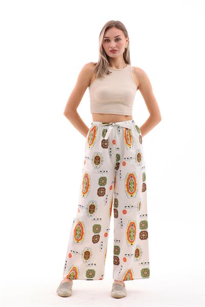 Kadın keten karışımlı beli lastikli beyaz turuncu yeşil desenli palazzo pantolon - Charamela