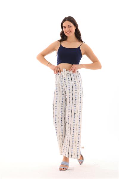 Kadın keten karışımlı beli lastikli palazzo pantolon - Charamela