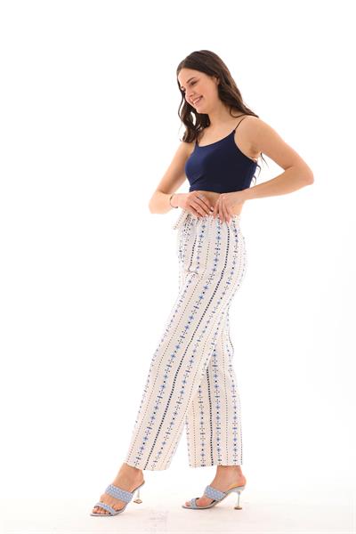 Kadın keten karışımlı beli lastikli palazzo pantolon - Charamela