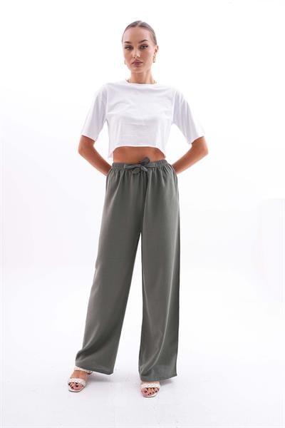 Kadın keten karışımlı beli lastikli palazzo pantolon - Charamela