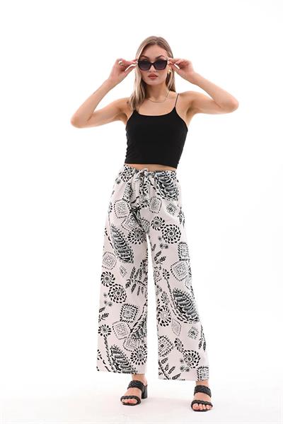 Kadın keten karışımlı siyah-beyaz desenli beli lastikli palazzo pantolon - Charamela