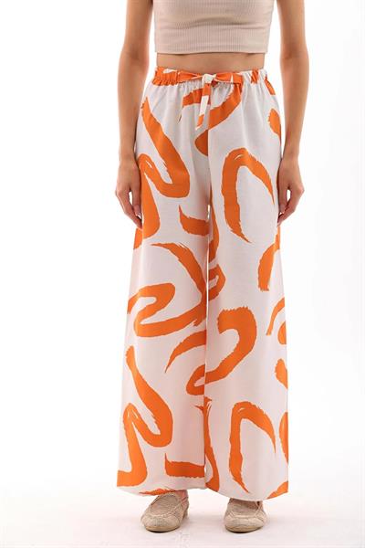 Kadın keten karışımlı turuncu-beyaz desenli beli lastikli palazzo pantolon - Charamela