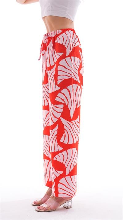 Kadın kırmızı-beyaz desenli rahat kesim palazzo pantolon - Charamela