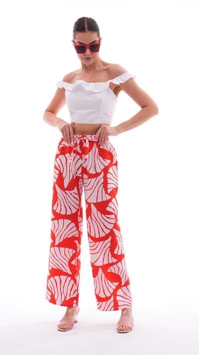 Kadın kırmızı-beyaz desenli rahat kesim palazzo pantolon - Charamela