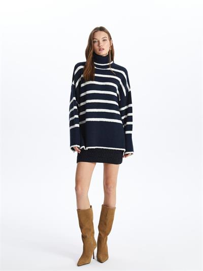 Kadın lacivert beyaz çizgili boğazlı kazak-bgk07 - Charamela