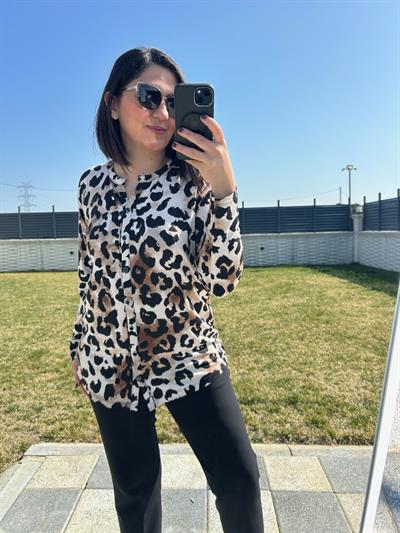 Kadın leopra baskılı büyük beden penye viskon gömlek-bgb132 - Charamela