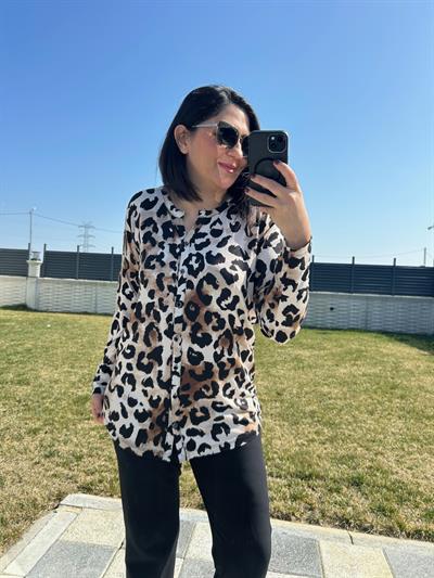 Kadın leopra baskılı büyük beden penye viskon gömlek-bgb132 - Charamela