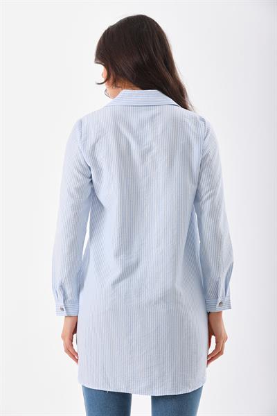 Kadın mavi beyaz çizgili gümüş düğme detaylı gömlek - Charamela