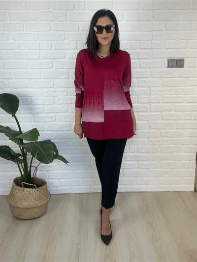 Kadın Uzun Kollu Taş Baskılı Büyük Beden Kırmızı Beyaz Bluz-bgb142 - Charamela