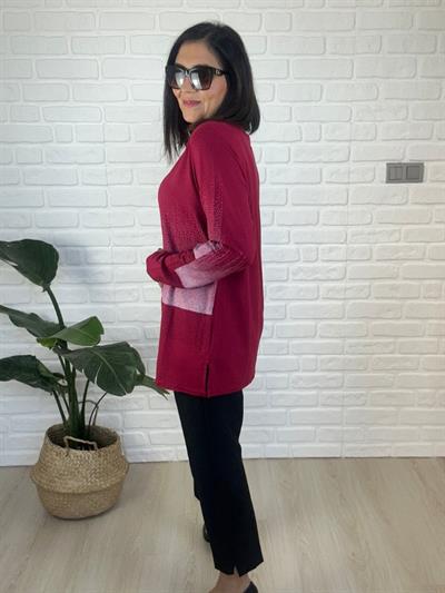 Kadın Uzun Kollu Taş Baskılı Büyük Beden Kırmızı Beyaz Bluz-bgb142 - Charamela