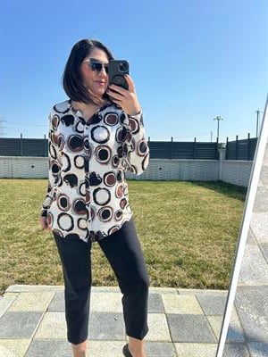 Kadın uzun kollu baskılı büyük beden penye gömlek bluz - Charamela