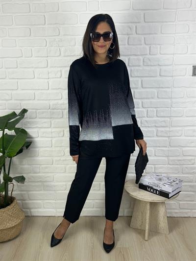 Kadın uzun kollu baskılı büyük beden siyah beyaz bluz-bgb140 - Charamela