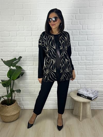 Kadın uzun kollu  baskılı büyük beden siyah bluz-bgb141 - Charamela