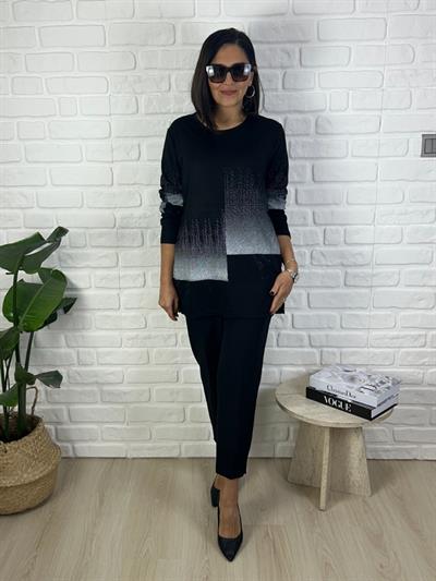 Kadın uzun kollu baskılı büyük beden siyah beyaz bluz-bgb140 - Charamela