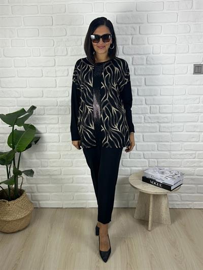 Kadın uzun kollu  baskılı büyük beden siyah bluz-bgb141 - Charamela