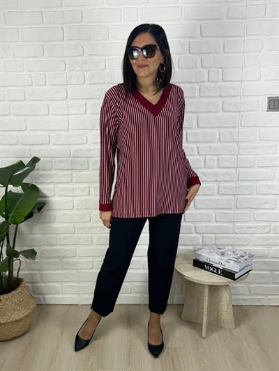 Kadın uzun kollu çizgili baskılı büyük beden bordo beyaz penye bluz-bgb137 - Charamela