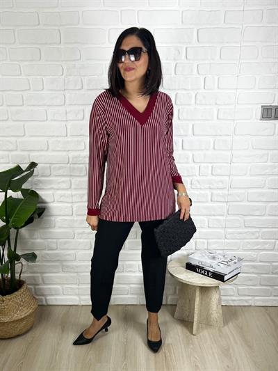 Kadın uzun kollu çizgili baskılı büyük beden bordo beyaz penye bluz-bgb137 - Charamela