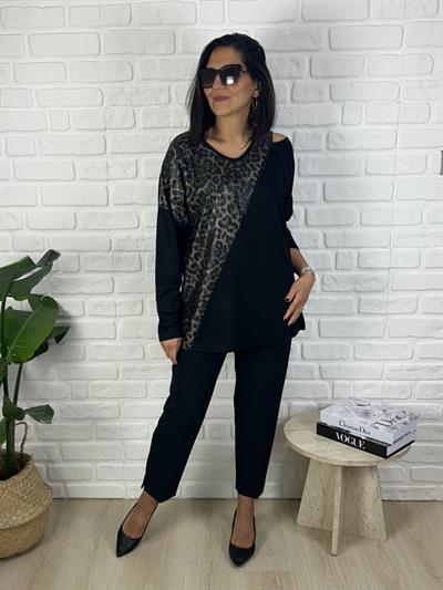 Kadın uzun kollu leopar baskılı büyük beden siyah penye bluz-bgb139 - Charamela