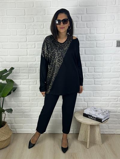 Kadın uzun kollu leopar baskılı büyük beden siyah penye bluz-bgb139 - Charamela